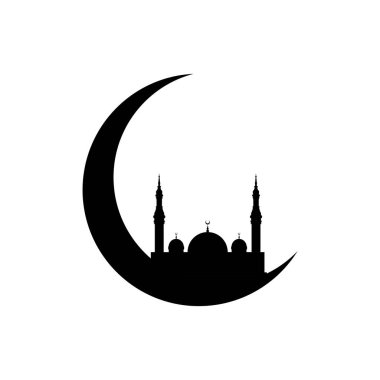 Cami hilal ay silueti. Ramazan Mübarek tebrik kartı. Cami silüetli hilal. Müslüman topluluğu festivali ya da bayramı için pankart ya da poster tasarımı unsuru olarak kullanın. İslami sembol