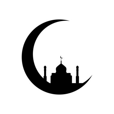 Cami hilal ay silueti. Ramazan Mübarek tebrik kartı. Cami silüetli hilal. Müslüman topluluğu festivali ya da bayramı için pankart ya da poster tasarımı unsuru olarak kullanın. İslami sembol