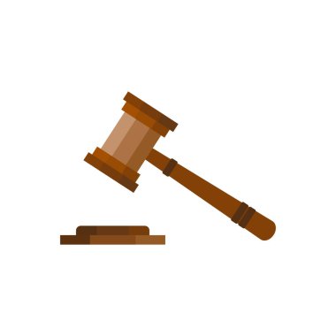 Yargıç Wood Hammer düz tasarım vektör çizimi, düz tasarım, açık arttırma, yargı. Gavel yargıcı beyaz bir arkaplanda izole edilmiş. Tahta tokmak hukuku kavramı. Düz çizgi film biçimi.