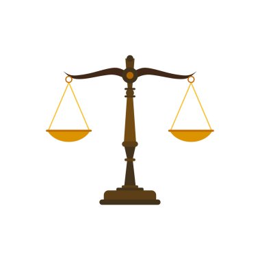 Adalet vektör illüstrasyonunu ölçeklendirir. Hukuk firması, hukuk büroları, lüks logo tasarım ilhamı. Kanun dengesi sembolü. Libra düz dizayn. Adalet, ölçüm, seçim ve denge kavramı.