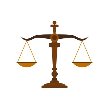 Adalet vektör illüstrasyonunu ölçeklendirir. Hukuk firması, hukuk büroları, lüks logo tasarım ilhamı. Kanun dengesi sembolü. Libra düz dizayn. Adalet, ölçüm, seçim ve denge kavramı.