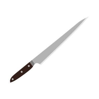 Sujihiki ya da Sujibiki Japon mutfak bıçağı düz tasarım vektör çizimi beyaz arka planda izole edildi. Geleneksel Japon mutfak bıçağı çelik saplı ve tahta saplı..