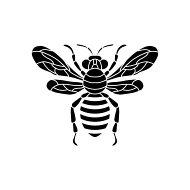 Bal Arısı Simgesi. Beyaz arka planda Siyah Arı. Vektör Siluet. Bal ürünleri, paket, tasarım için böcek silueti vektör çiziminin grafiksel çizimi.