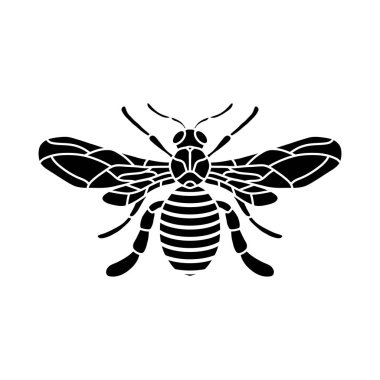 Bal Arısı Simgesi. Beyaz arka planda Siyah Arı. Vektör Siluet. Bal ürünleri, paket, tasarım için böcek silueti vektör çiziminin grafiksel çizimi.