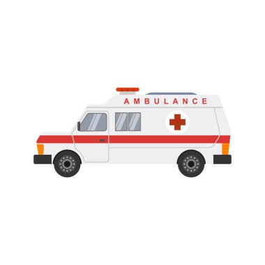 Ambulans arabası. Hastane nakil tıbbi bakım kliniği. Beyaz arka planda sirenleri olan düz dizayn ambulans arabaları. Ambulans yassı simgesi, ilaç ve sağlık hizmetleri, ulaşım işareti grafikleri