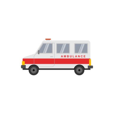 Ambulans arabası. Hastane nakil tıbbi bakım kliniği. Beyaz arka planda sirenleri olan düz dizayn ambulans arabaları. Ambulans yassı simgesi, ilaç ve sağlık hizmetleri, ulaşım işareti grafikleri