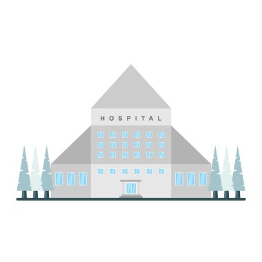 Hastane binası düz tasarım vektör çizimi beyaz arka planda izole edildi. Hastane tıbbı sağlık vektör çizimi inşa etmek