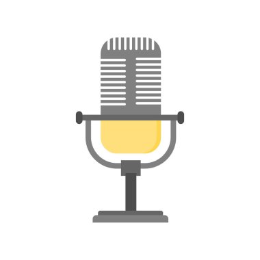 Beyaz arkaplanda izole edilmiş mikrofon düz tasarım vektör çizimi. Podcast Reklamcılık Müzik ses klasik ekipman, retro elementler, simgeler.