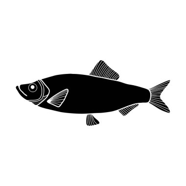 Siyah ve beyaz balık vektör çizimi. Ticari balıklar. Taze çiğ yenebilir çizgi film balığı. Balık Silueti Deniz Ürünleri