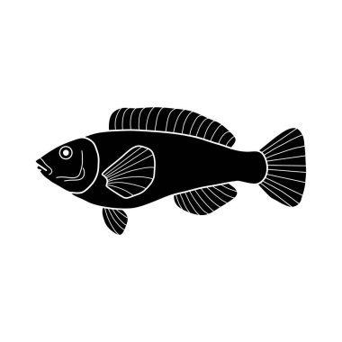 Siyah ve beyaz balık vektör çizimi. Ticari balıklar. Taze çiğ yenebilir çizgi film balığı. Balık Silueti Deniz Ürünleri