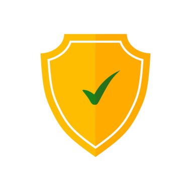 Kalkanda işaret simgesi var. Kene izi kalkanla onaylandı. Onay işareti. Güçlü bir koruma. Güvenlik kalkanı Vektör illüstrasyonunu korudu.