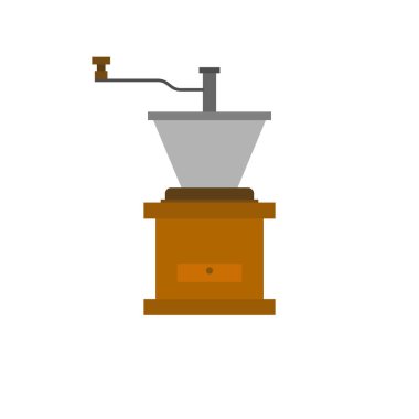 Manuel kahve öğütücüsü düz tasarım vektör çizimi. Beyaz arka planda izole edilmiş antika kahve değirmeni öğütücüsü. Kahve makinesi ikonu. Aromatik içecek yapmak için ekipman.