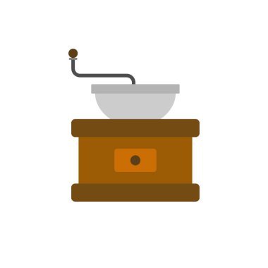 Manuel kahve öğütücüsü düz tasarım vektör çizimi. Beyaz arka planda izole edilmiş antika kahve değirmeni öğütücüsü. Kahve makinesi ikonu. Aromatik içecek yapmak için ekipman.