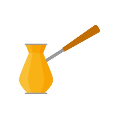 Türkçe kahve demliği düz tasarım vektör çizimi. Kahve cezve illüstrasyon. Aromatik içecek pişirmek için ahşap saplı klasik bakır çakmak.