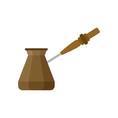 Türkçe kahve demliği düz tasarım vektör çizimi. Kahve cezve illüstrasyon. Aromatik içecek pişirmek için ahşap saplı klasik bakır çakmak.