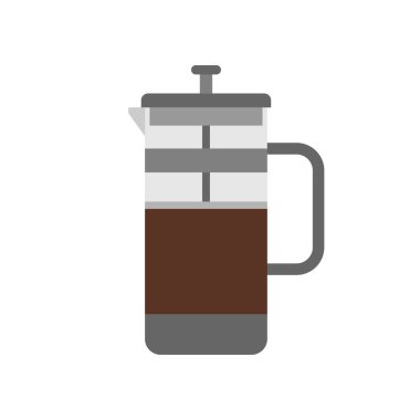 Fransız basın kahve makinesi düz tasarım vektör çizimi beyaz arka planda izole edildi. Kahve demleme yöntemi