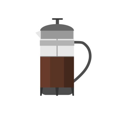 Fransız basın kahve makinesi düz tasarım vektör çizimi beyaz arka planda izole edildi. Kahve demleme yöntemi