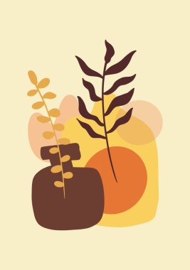 Soyut boho yaprağı ve bitki şekilleri. Boho Biçimli Soyut Arkaplan 