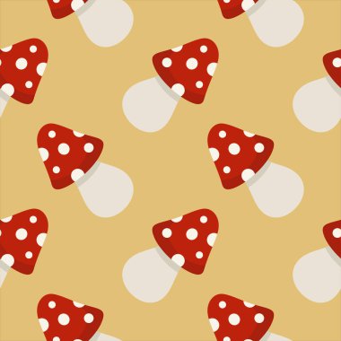 Mantarlı kusursuz vektör deseni. Mantarsız düz dizayn vektör çizimi. Kumaş, tekstil, kumaş, aşınma, duvar kâğıdı için hoş bir illüstrasyon