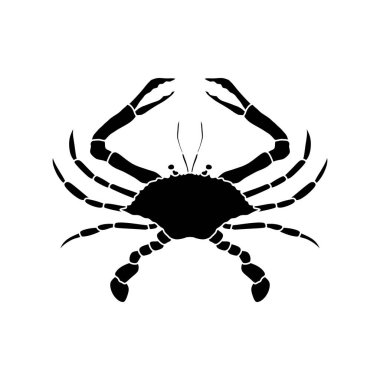 Beyaz arka planda izole edilmiş deniz yengeci silueti. Deniz ürünleri dükkanı logosu, tabela, restoran menüsü, balık pazarı, afiş, poster tasarımı şablonu.