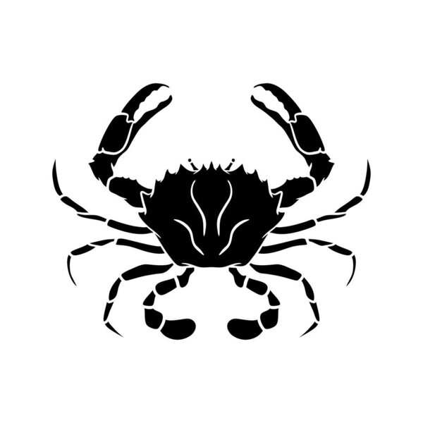 Силуэт морского краба выделен на белом фоне. Логотип магазина морепродуктов, вывеска, меню ресторана, рыбный рынок, баннер, шаблон дизайна плаката.
