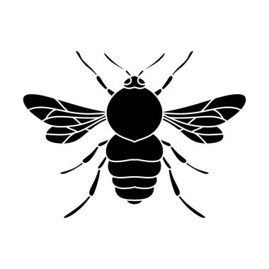 Arı silueti siyah vektör düz çizim. Bal arısı simgesi, bal arısı silueti beyaz arkaplanda.
