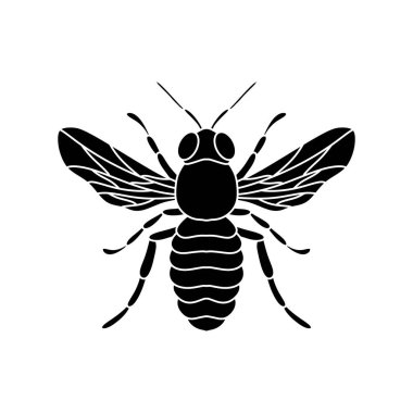 Arı silueti siyah vektör düz çizim. Bal arısı simgesi, bal arısı silueti beyaz arkaplanda.