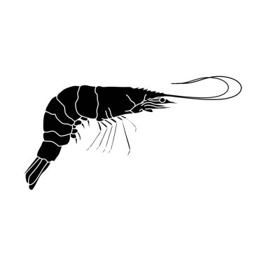 Karides silueti siyah beyaz karides vektör simgesi. Beyaz arkaplanda karides vektör çizimi