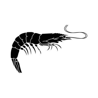 Karides silueti siyah beyaz karides vektör simgesi. Beyaz arkaplanda karides vektör çizimi