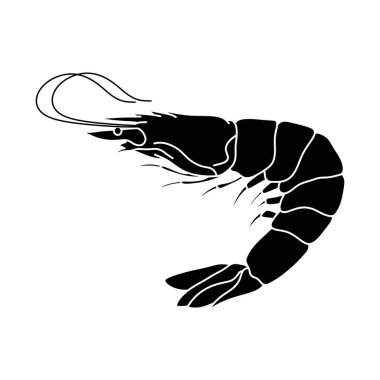 Karides silueti siyah beyaz karides vektör simgesi. Beyaz arkaplanda karides vektör çizimi