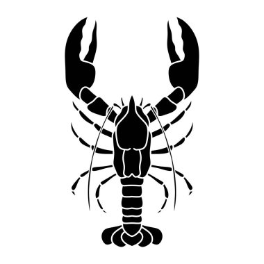 Istakozun siyah beyaz çizimi. Kerevit vektör çizimi. Bir karidesin siluet vektörü. Karides ya da kaplan karidesi. Deniz ürünleri restoranı logosu, menü, mutfak.