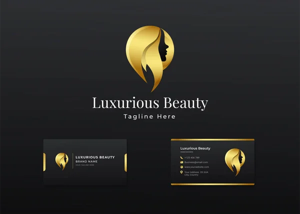 Vrouw Gezicht Silhouet Logo Ontwerp Met Goud Luxe Kleur Voor — Stockvector
