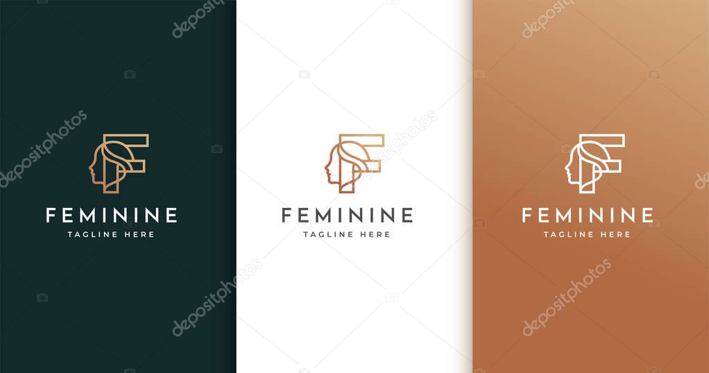 Letter F logo design with woman's face icon illustration