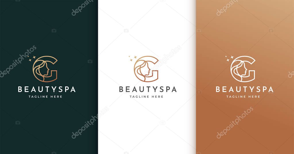 Letter G logo design with woman's face icon illustration