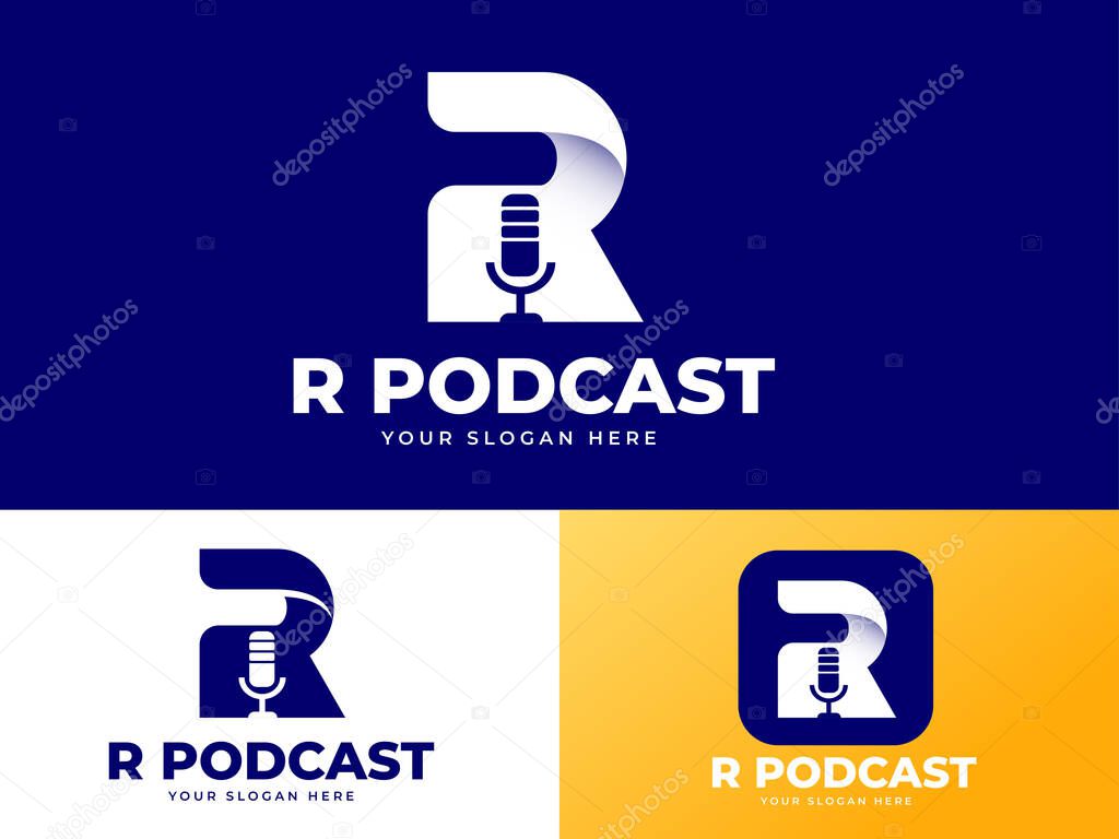White R letter logo with Microphone Element for Podcast Identity