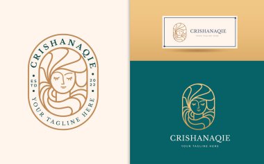 Güzel saçlı kadın rozet logosu tasarımı minimalist