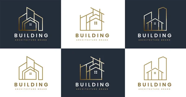 Set Mewah Perumahan Real Estate Membangun Garis Konstruksi Logo Gaya - Stok Vektor