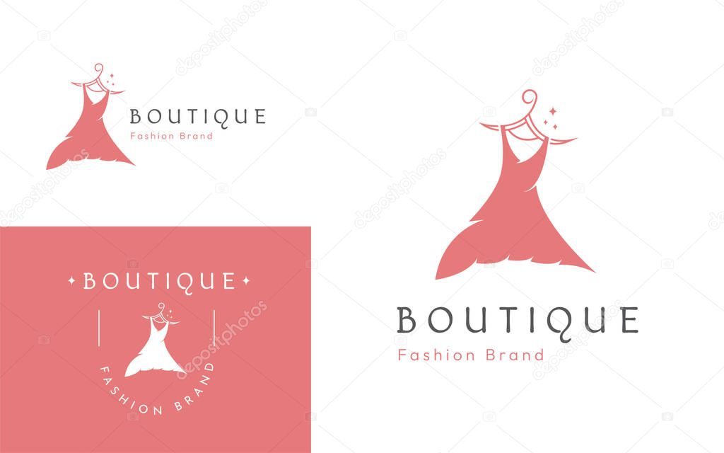 Fashion Boutique and store logo, label, emblems with line art dresses design template