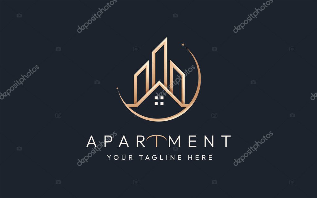 Elegant luxury city house real estate building logo line art style with business card design