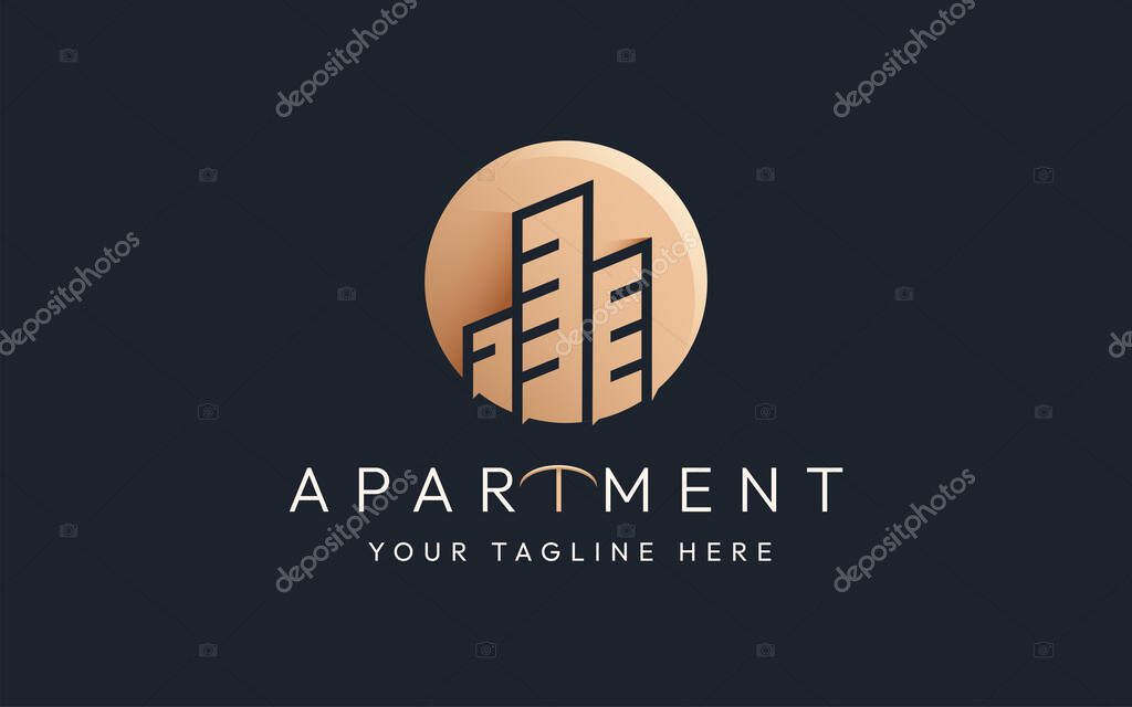 Elegant luxury city apartment building logo line art style with business card design