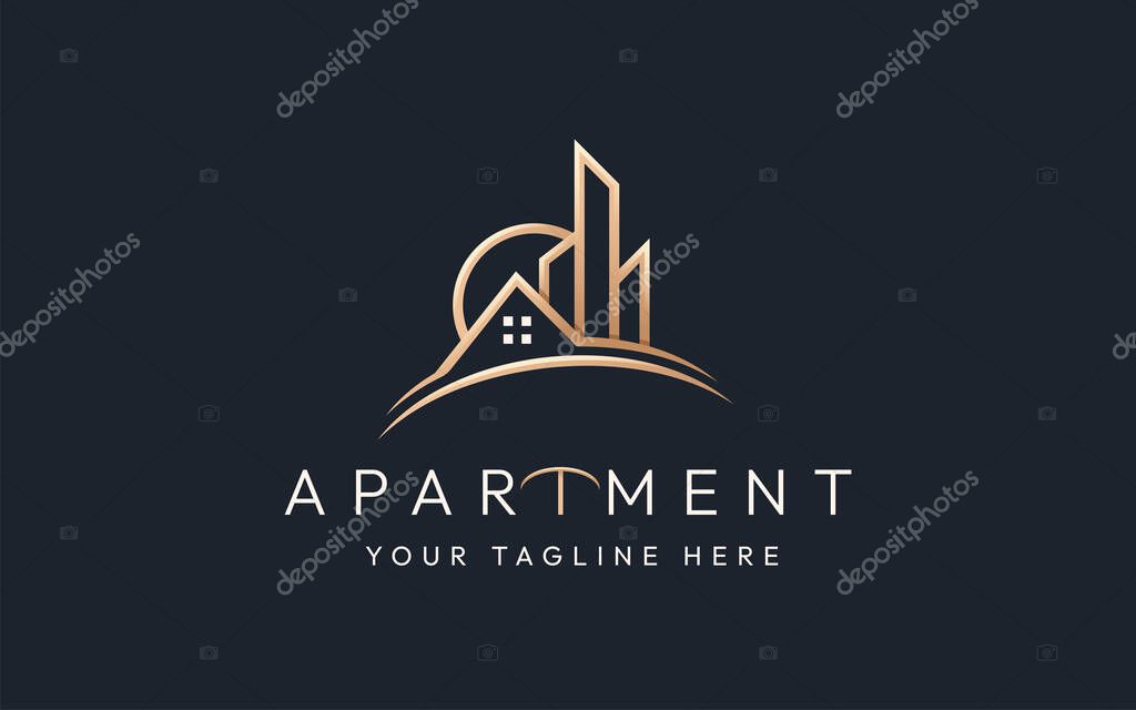 Elegant luxury city house real estate building logo line art style with business card design