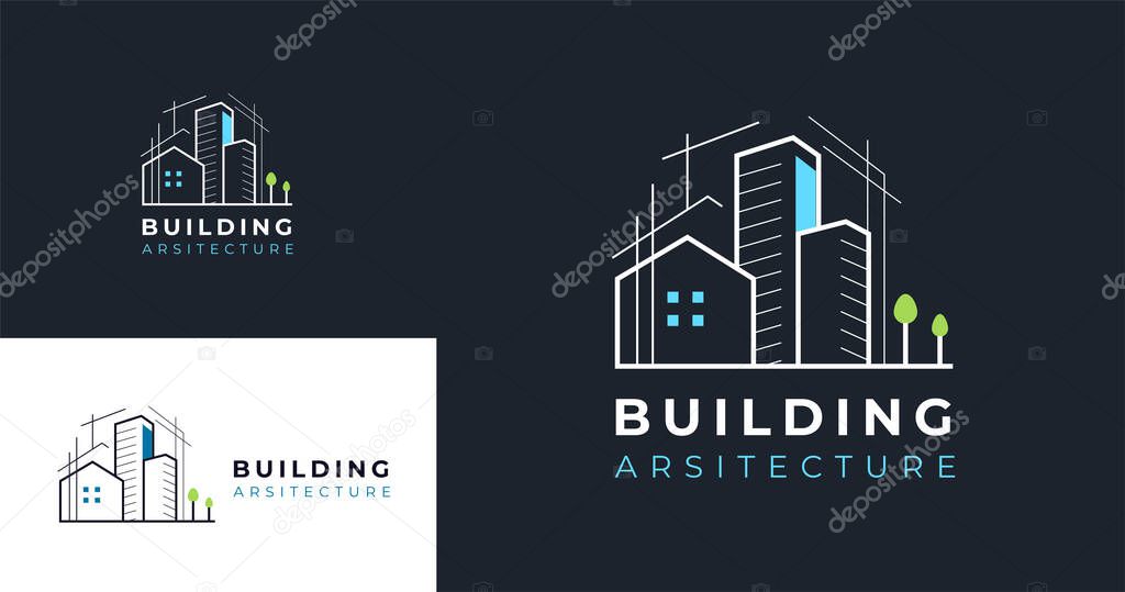 Simple elegant town house building architecture real estate logo line art style design
