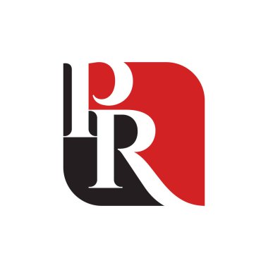 Siyah kırmızı PR logosu negatif alan kavramı beyaz arkaplanda izole edildi.