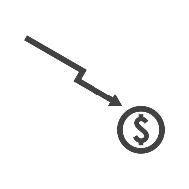 Beyaz arkaplan üzerinde dolar aşağı ok grafik tasarım vektörü düz