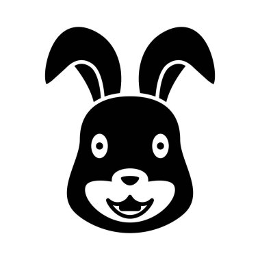 Mutlu bir tavşanın yüzünün minimalist siyah beyaz vektör çizimi. Tasarım yuvarlak bir kafa, uzun kulaklar, büyük yuvarlak gözler, küçük bir burun ve iki belirgin dişli basit bir ağız içerir.