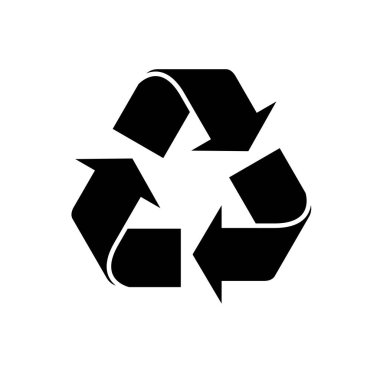 Evrensel geri dönüşüm sembolünün siyah ve beyaz vektör çizimi. Bu minimalist simge çevresel farkındalığı, sürdürülebilirliği ve geri dönüşüm materyallerini temsil etmektedir.