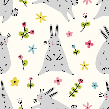 Çiçek arkaplanda sevimli tavşanlar olan kusursuz bir desen. Vektör illüstrasyonu