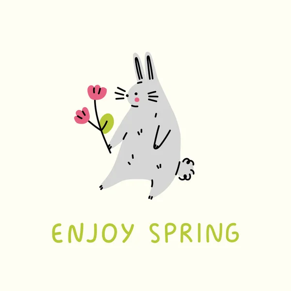 Genießen Sie Den Frühling Grußkarte Hase Mit Blumen Vektorflache Illustration — Stockvektor