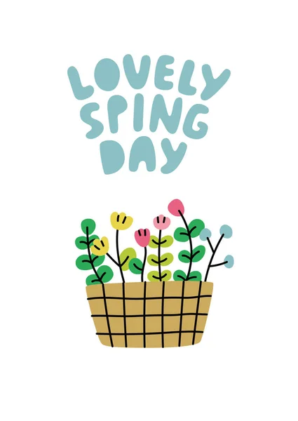 Schöner Frühlingstag Plakat Korb Mit Blumen Vektorflache Illustration — Stockvektor