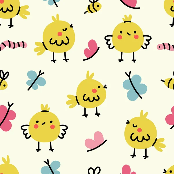 Seamless Pattern Chicks Bees Butterflies Vector Illustration — Stock Vector